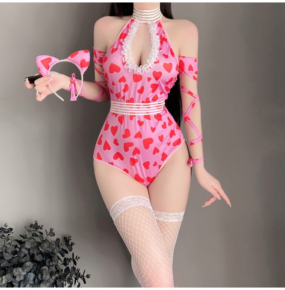 FEE ET MOI - Sweetheart Crotchless Bodysuit With Stockings (Pink)